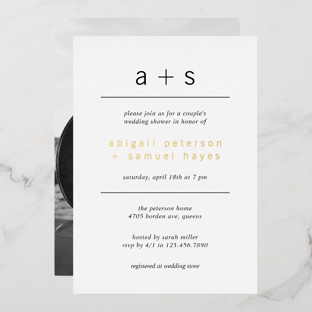 Minimalist Monogram Photo Wedding Shower Gold Foil Invitation (Front/Back)