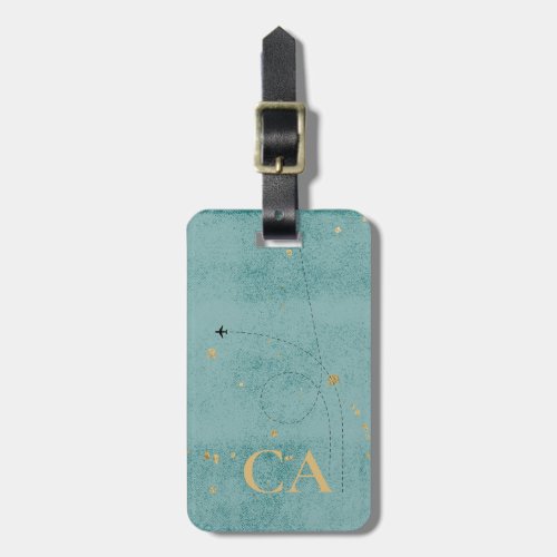 Minimalist Monogram Plane Green Blue Gold Travel Luggage Tag