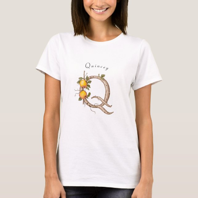 Minimalist Monogram Q: Quince Flowers & Vines T-Shirt (Front)