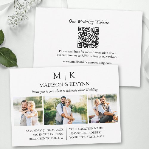 Minimalist Monogram QR Code Wedding 3 Photo Invitation