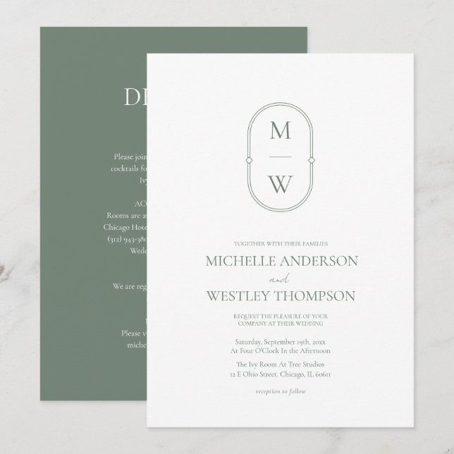 Minimalist Monogram Sage Green All in One Wedding Invitation (Front/Back)