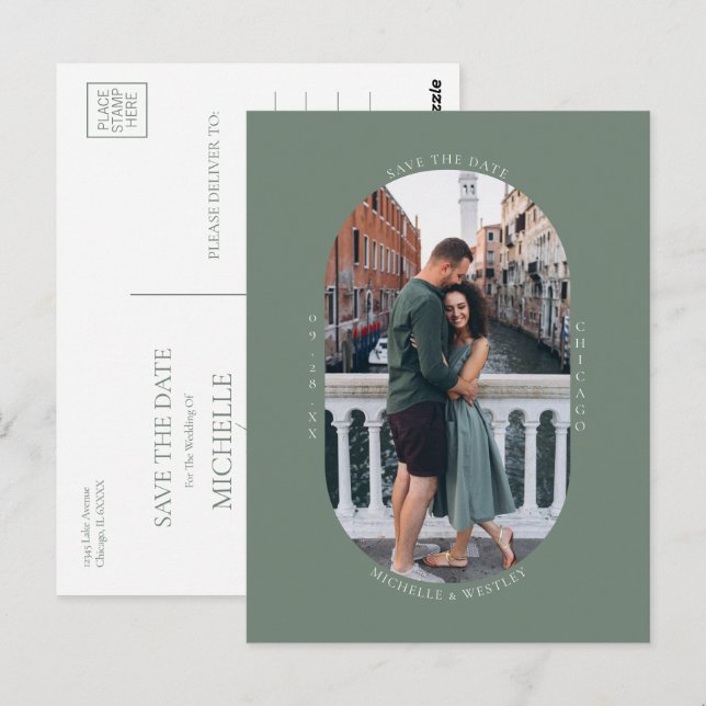 Minimalist Monogram Sage Green Photo Save the Date Postcard (Front/Back)