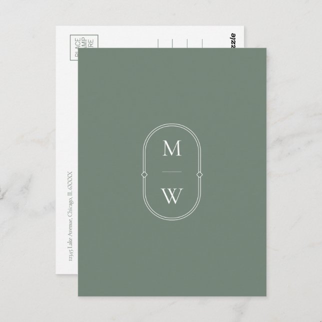 Minimalist Monogram Sage Green Save the Date Postcard (Front/Back)
