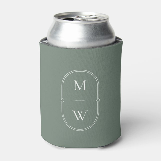Minimalist Monogram Sage Green Wedding Can Cooler (Can Front)