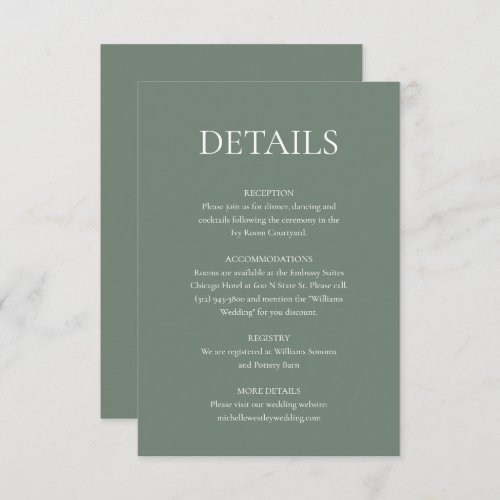 Minimalist Monogram Sage Green Wedding Details Enclosure Card