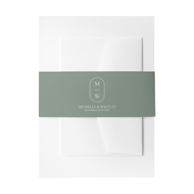 Minimalist Monogram Sage Green Wedding Invitation Belly Band (Front Example)