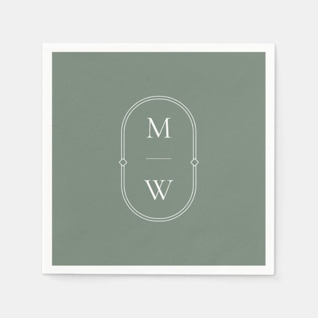Minimalist Monogram Sage Green Wedding Napkins (Front)