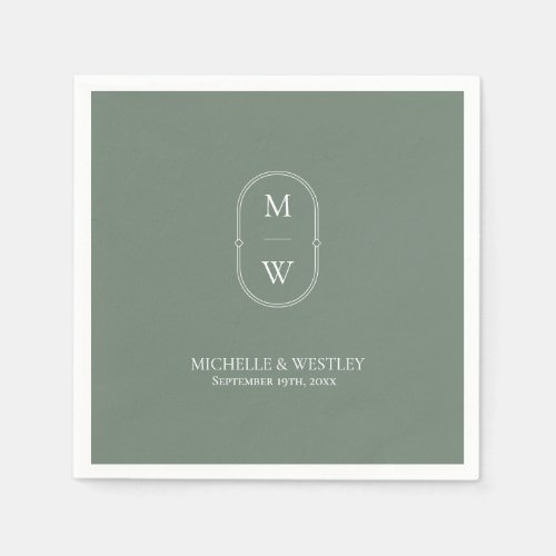 Minimalist Monogram Sage Green Wedding Napkins