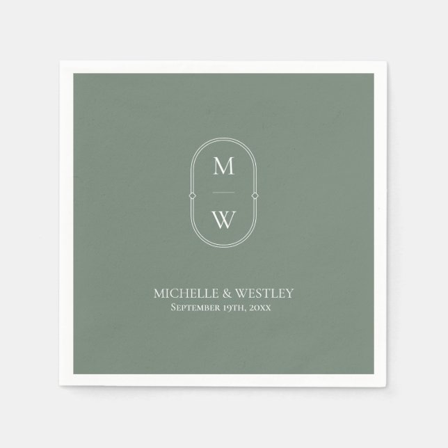 Minimalist Monogram Sage Green Wedding Napkins (Front)