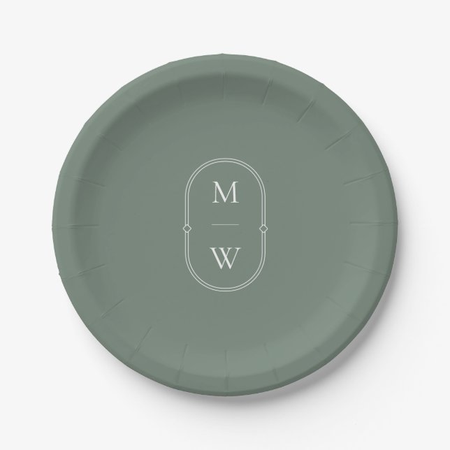Minimalist Monogram Sage Green Wedding Paper Plates (Front)