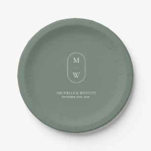 Minimalist Monogram Sage Green Wedding Paper Plates