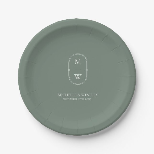 Minimalist Monogram Sage Green Wedding Paper Plates (Front)