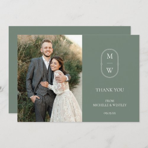Minimalist Monogram Sage Green Wedding Photo Thank You Card