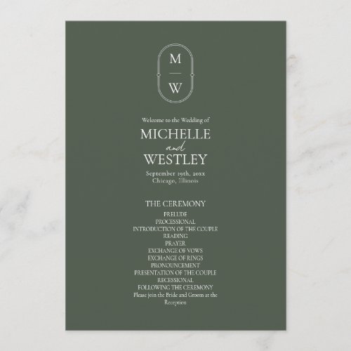 Minimalist Monogram Sage Green Wedding Program