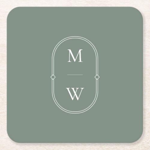 Minimalist Monogram Sage Green Wedding Square Paper Coaster