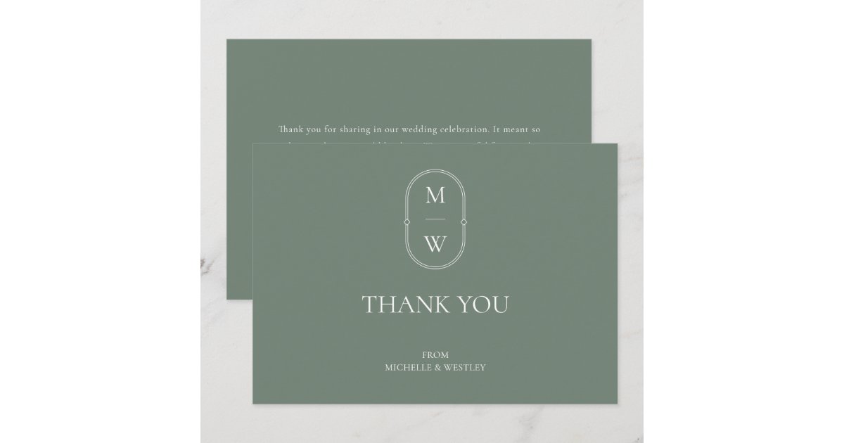Minimalist Monogram Sage Green Wedding Thank You Card | Zazzle