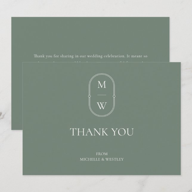 Minimalist Monogram Sage Green Wedding Thank You Card (Front/Back)