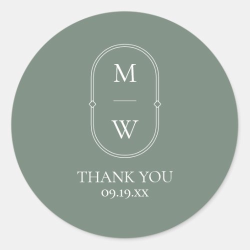 Minimalist Monogram Sage Green Wedding Thank You Classic Round Sticker