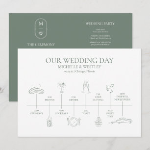 Minimalist Monogram Sage Green Wedding Timeline Program