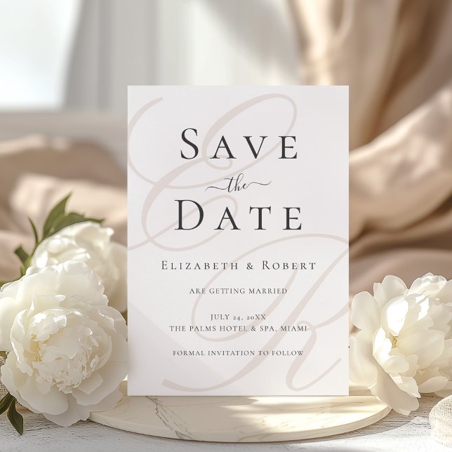 Minimalist Monogram Save the Date Card (Minimalist Beige Monogram Wedding Save the Date with beautiful white peonies)