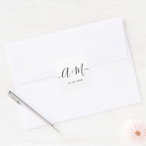 Minimalist Monogram Script Custom Wedding date Cla Square Sticker