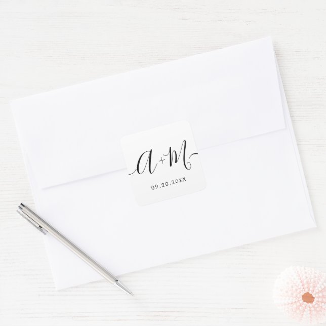 Minimalist Monogram Script Custom Wedding date Cla Square Sticker (Envelope)