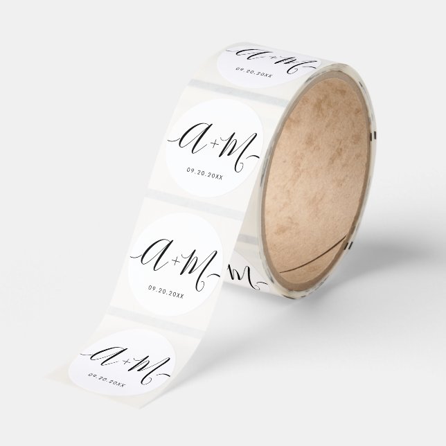 Minimalist Monogram Script Custom Wedding date Classic Round Sticker (Roll)