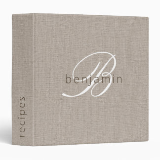 Minimalist Monogram Script Faux Linen Recipe 3 Ring Binder