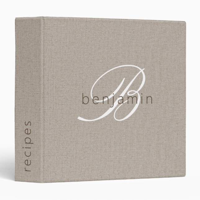 Minimalist Monogram Script Faux Linen Recipe 3 Ring Binder (Front/Spine)