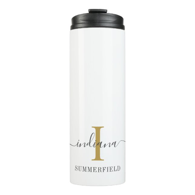 Minimalist Monogram Script Name Stylish Gold Gray Thermal Tumbler (Front)