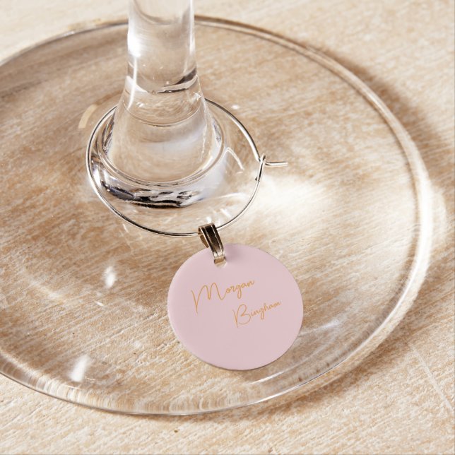 Minimalist monogram script pink wine charm (In Situ)