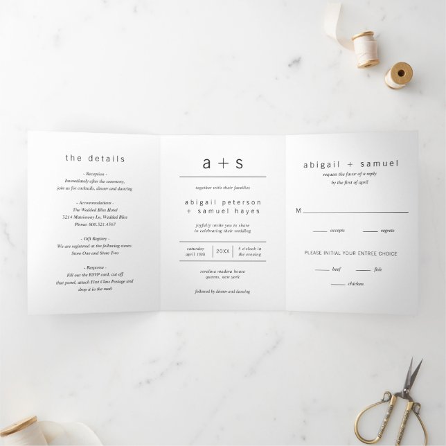 Minimalist Monogram Simple Modern Wedding Tri-Fold Invitation (Inside)