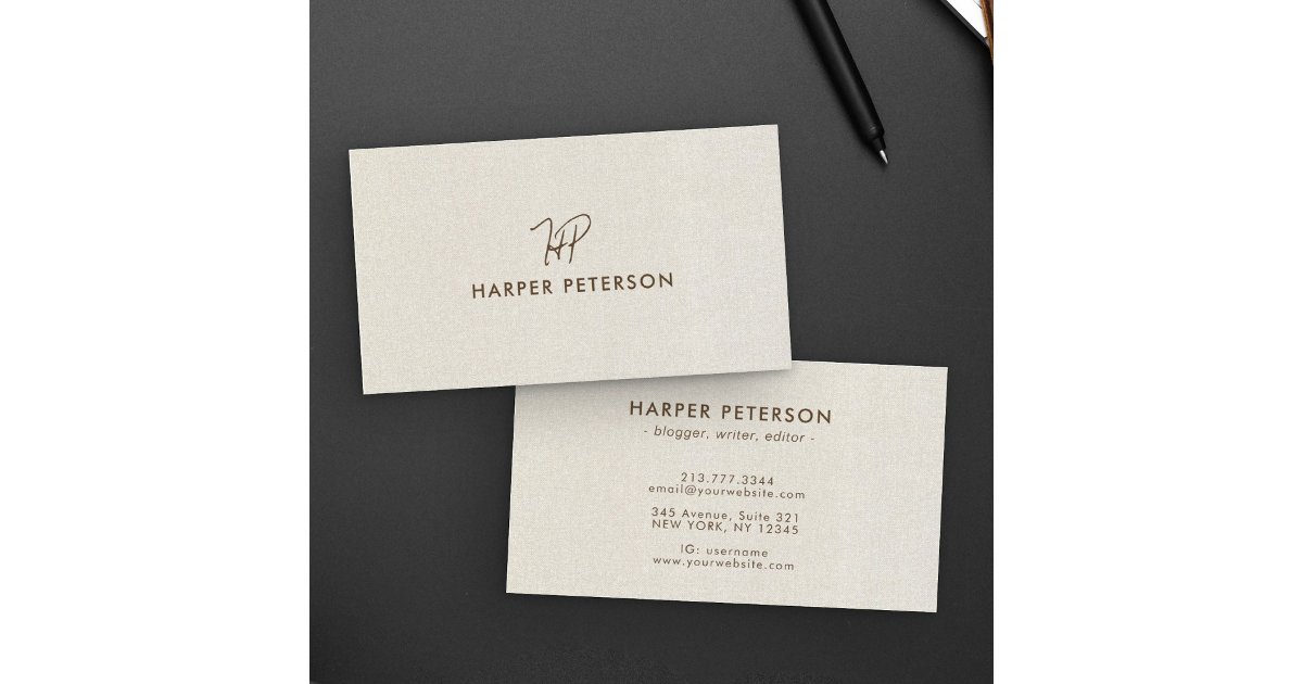 Minimalist Monogram Simple Warm Linen Modern Business Card | Zazzle