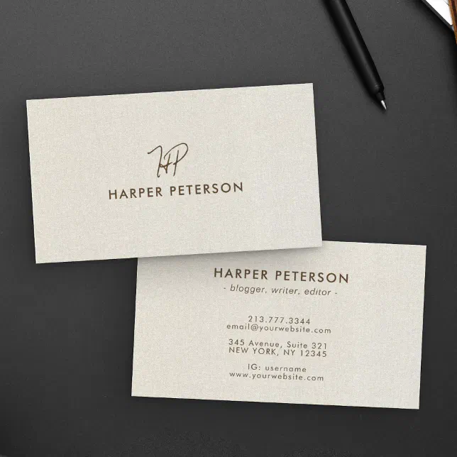 Minimalist Monogram Simple Warm Linen Modern Business Card | Zazzle
