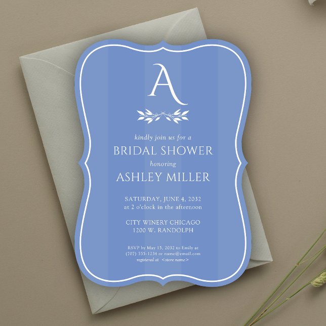 Minimalist Monogram Striped Blue Bridal Shower Invitation (Creator Uploaded)