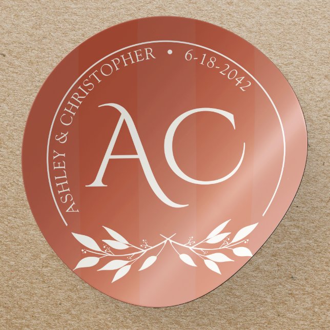 Minimalist Monogram Striped Copper Red Wedding Classic Round Sticker (Creator Uploaded)