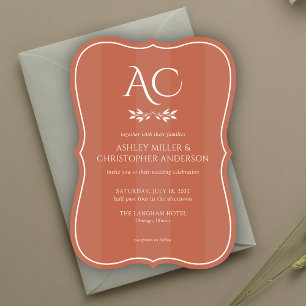 Minimalist Monogram Striped Copper Red Wedding Invitation