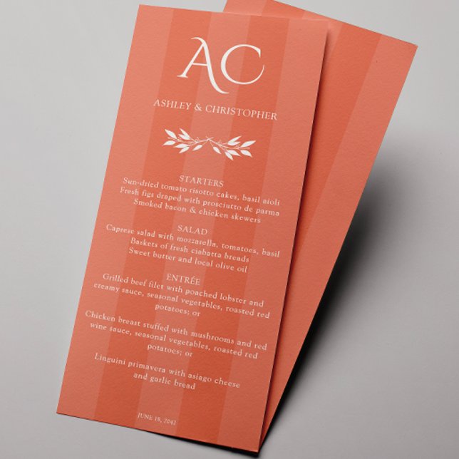 Minimalist Monogram Striped Copper Red Wedding Menu (Creator Uploaded)