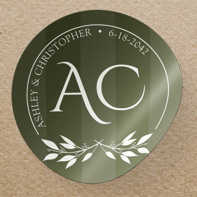 Minimalist Monogram Striped Olive Green Wedding Classic Round Sticker (Creator Uploaded)