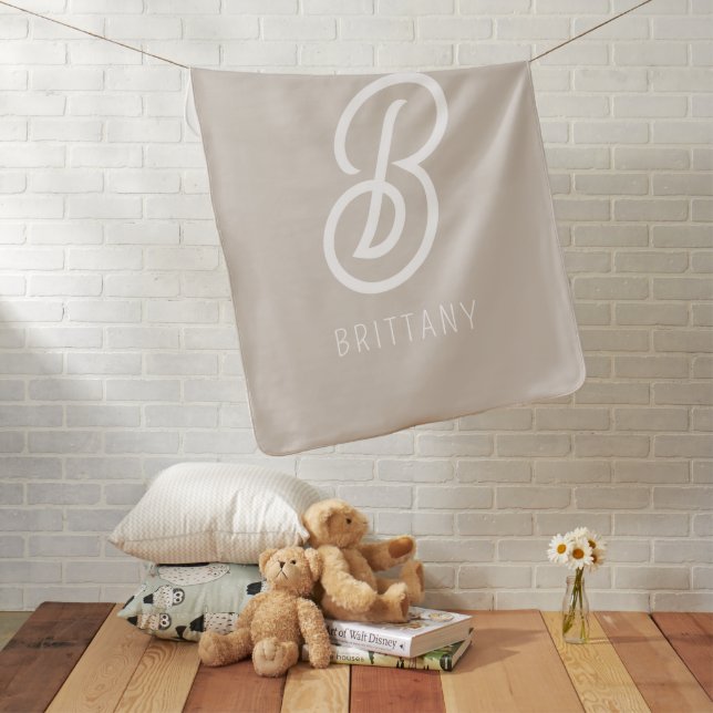Minimalist Monogram Taupe Custom Name Baby Blanket (In Situ)