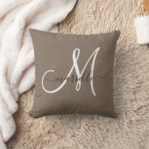 Minimalist Monogram Taupe Faux Linen  Throw Pillow