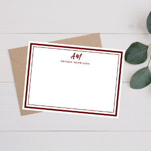 Minimalist Monogram Thin & Thick Maroon Border Note Card