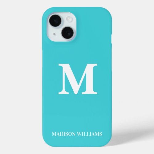 Minimalist Monogram Turquoise Blue Initial Modern iPhone 15 Case