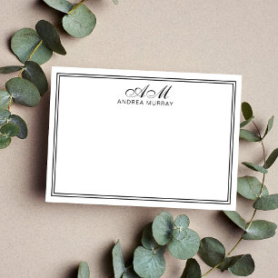 Minimalist Monogram Two Border Black and White Note Card