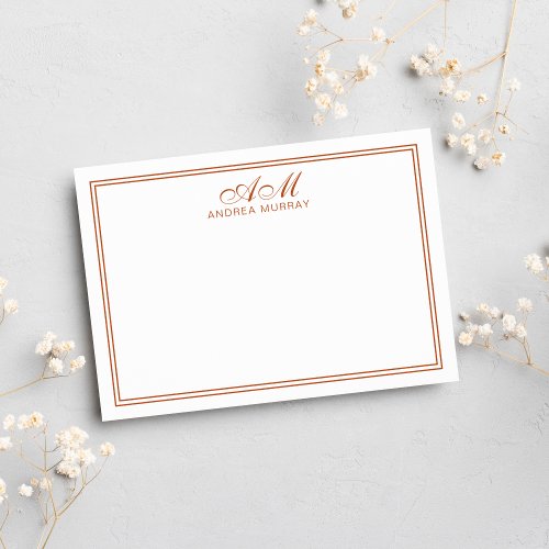 Minimalist Monogram Two Border Burnt Orange Note Card