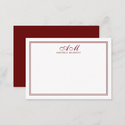 Minimalist Monogram Two Border Maroon Note Card