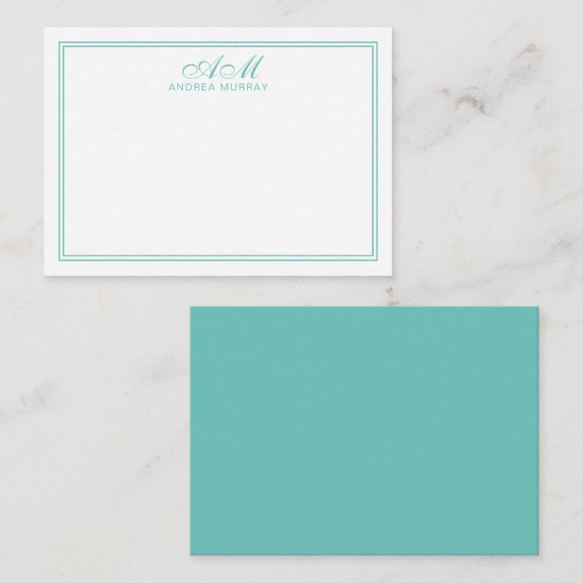 Minimalist Monogram Two Border Moonstone Blue Note Card (Front/Back)
