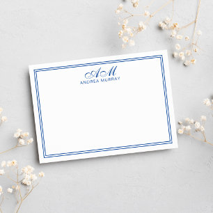 Minimalist Monogram Two Border Navy Blue Note Card