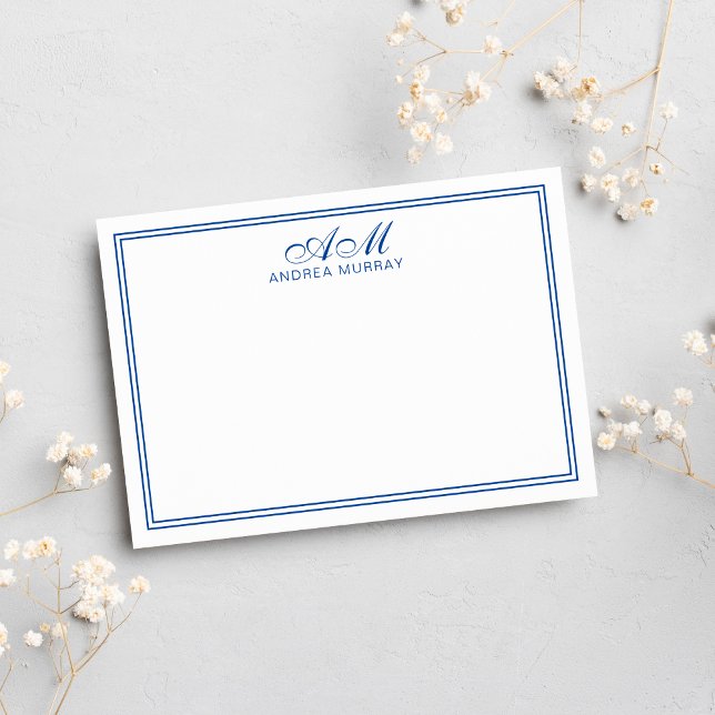 Minimalist Monogram Two Border Navy Blue Note Card (Creator Uploaded)