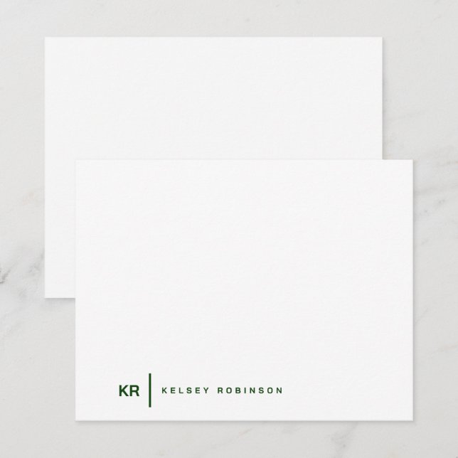 Minimalist Monogram Typography Green Flat Note Card (Front/Back)